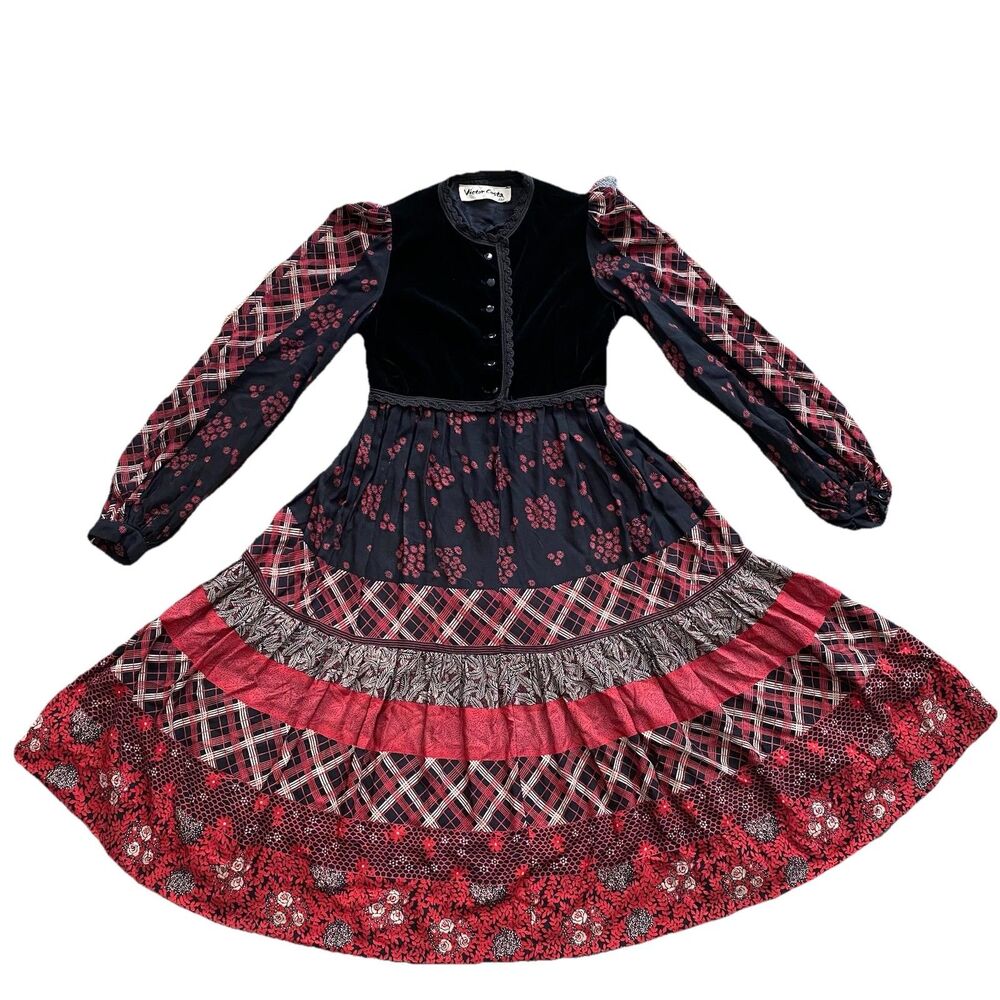 70s Victor Costa Prairie Dress Velvet Peasant Black Red Patchwork Midi Small
